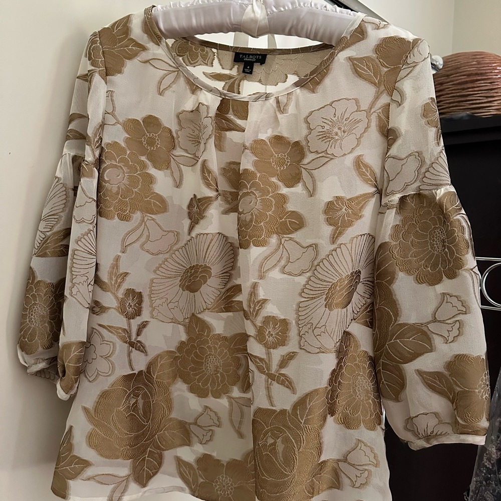 Talbots Cream and Gold Floral Blouse